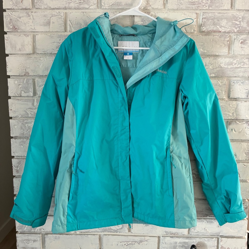 Columbia Womens Teal Blue Hooded Rain Jacket Windbreaker Medium XL1334